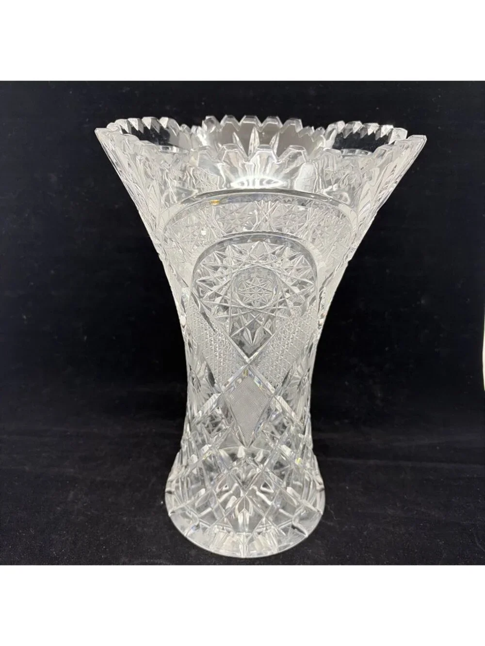 Vintage Bohemian Czech Queen Lace Hand Cut Crystal Trumpet Hobstar Vase 12.25